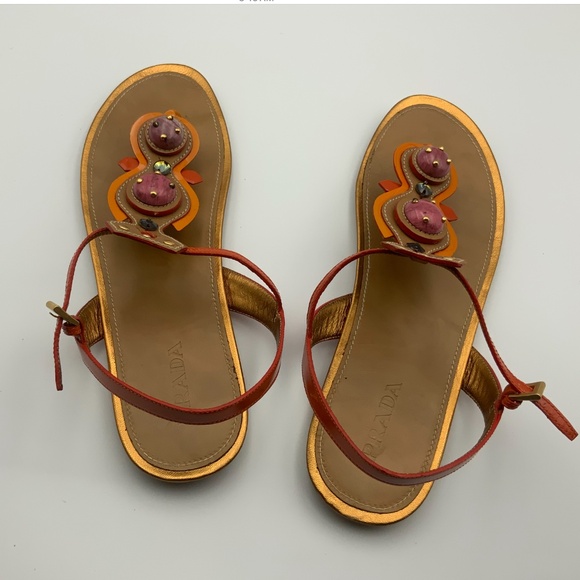 PRADA EMBELLISHED LEATHER SANDALS - Picture 2 of 6